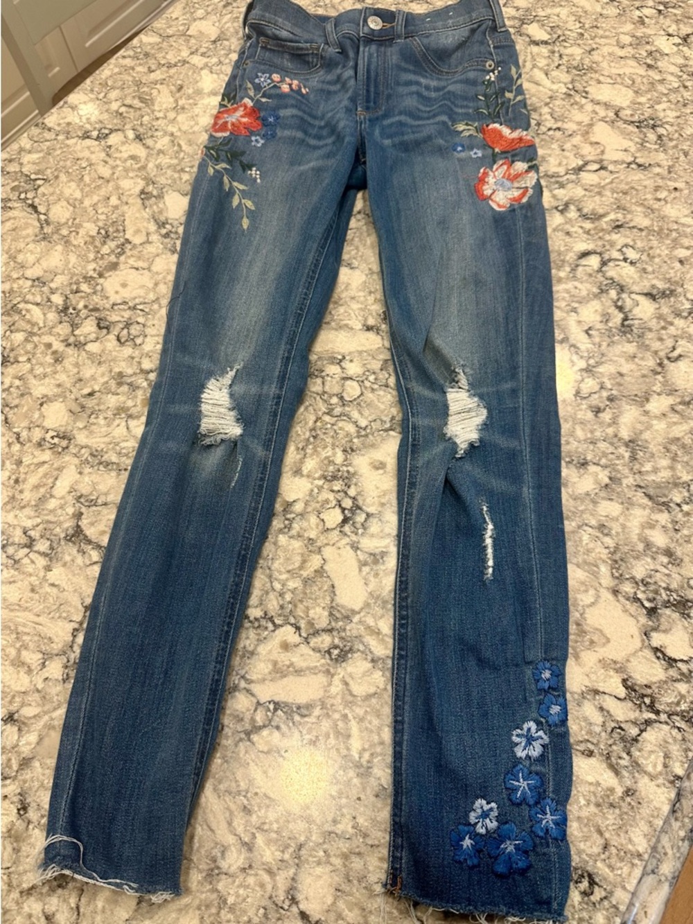Embroidered Blue Distressed Women’s Jeans